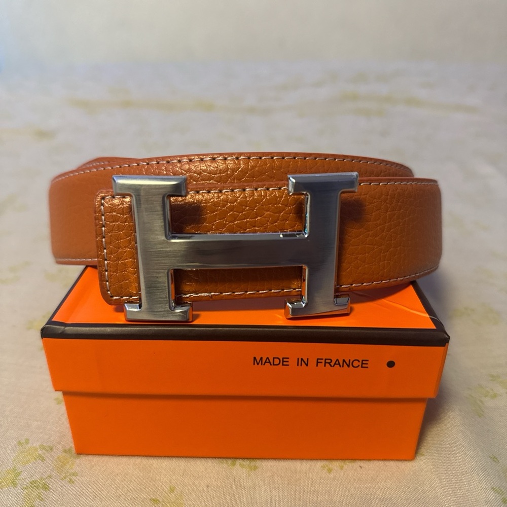 Tan Leather Hermes Belt with Silver Buckle